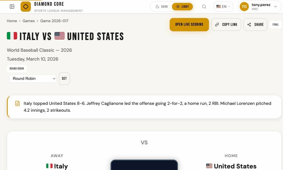 Game detail page with scoring sheet link