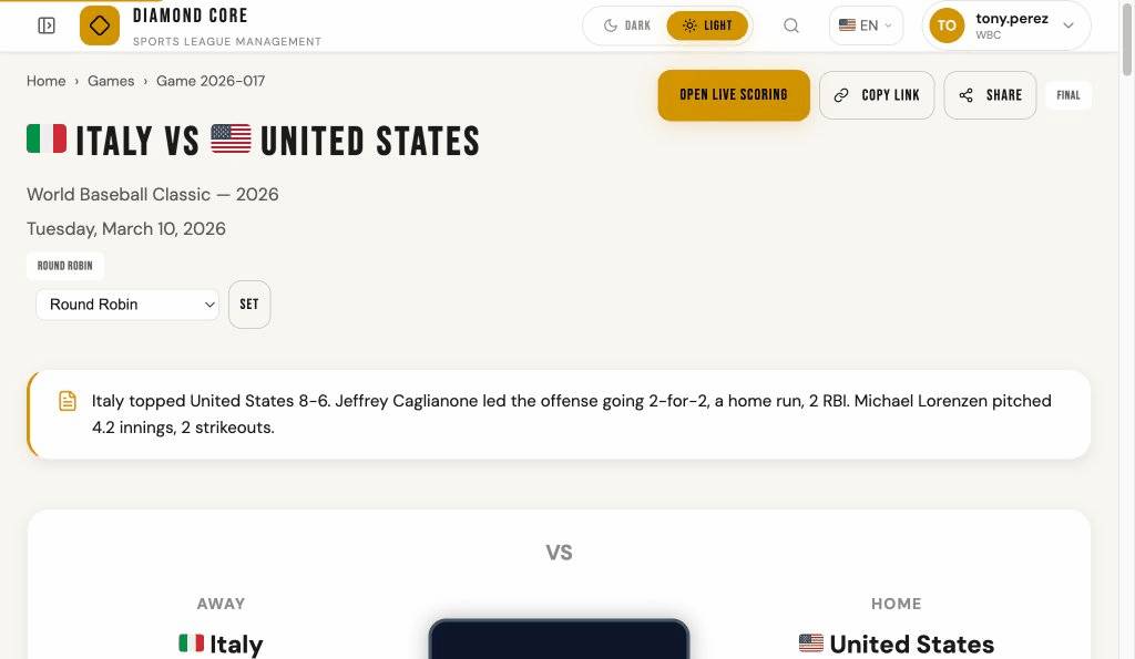 Game detail page showing final score and recap