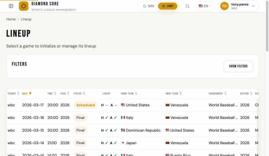 Lineup game selection page