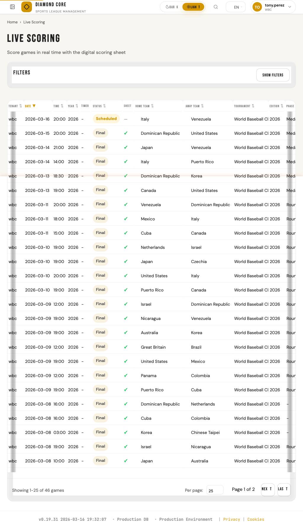 Live Scoring game selection page