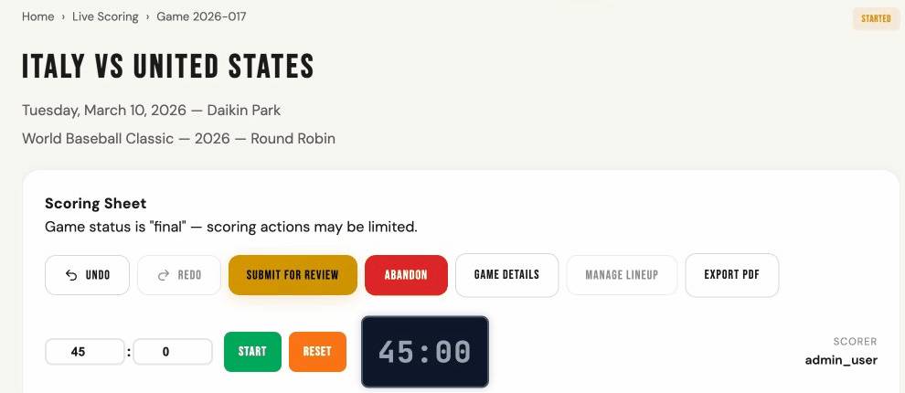 Scoring sheet header with action buttons and game status
